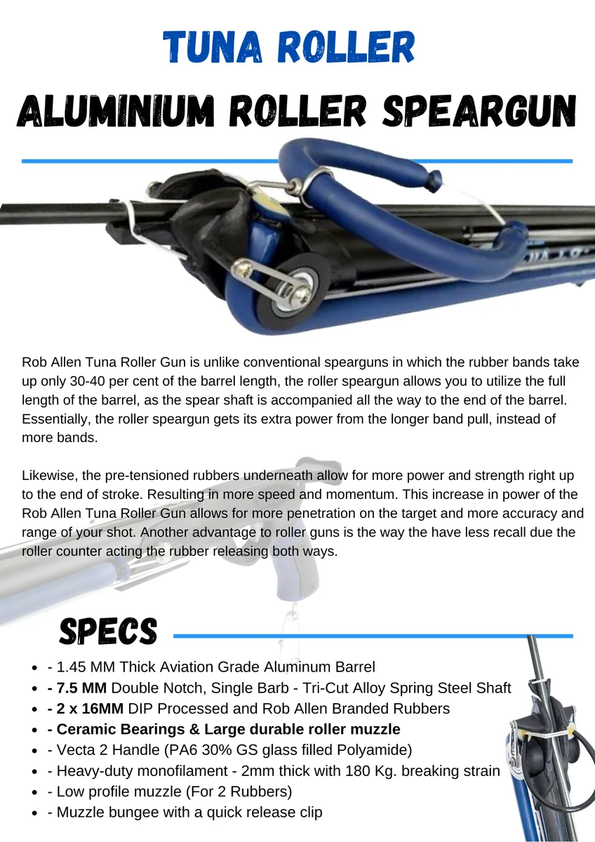 Tuna Roller Gun 1m- Ceramic Bearings- Load Assist- 60cm16mm Rubber- 1.4m7.5mm D/N Spear